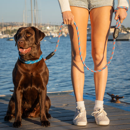 American Rope Dog Leash, Woman Holding Labrador Retriever Dog with Rope Dog Leash and Rope Dog Collar on Ocean Dock