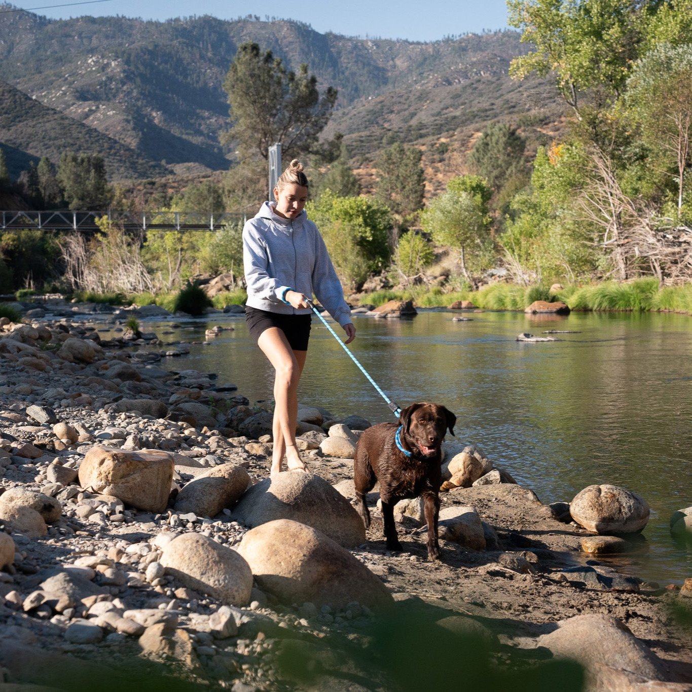 Pacific Rope Dog Leash, Woman Walking Holding Labrador Retriever Dog with Rope Dog Leash and Rope Dog Collar on River